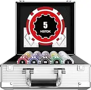 HEITOK Poker Chips Set with Denominations, 300pcs 11.5g Professional Numbered Chips with Aluminum Case Includes 5 Dice & 2 Decks of Pokers for Texas Hold'em