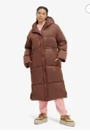 UGG Keeley Long Puffer Coat Parka Jacket Sherpa Lined Hood Dark Chestnut NEW