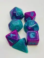 TEG - 7 Purple & Teal w/ Sky Blue Marbled Mini Polyhedral Dice New Polyhedral Di