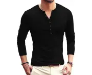 Bonivenshion Men's Henley Shirt Long Sleeve Cotton Undershirts for Men Baselayer Sports Shirts -Black