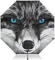 [PDZRMY] Wolf Head Black UV Protection Travel Umbrella Compact for Rain and Sun - Auto Open and Close UPF 50+ Windproof Portable 46” Sun Umbrella for Women and Men
