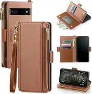 [Antsturdy] Compatible with Google Pixel 6a case Wallet with Card Holder for Women Men Phone case RFID Blocking PU Leather Flip Shockproof Cover with Strap Zipper Credit Card Slots,Light Brown