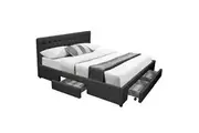 Design Square PU Leather Queen Bed Headboard With Drawers Storage - Black