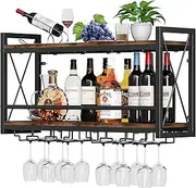 Homeiju Wall Mounted Wine Rack, Bottle & Glass Holder Wood-Metal Retro Floating Wine Rack, Wine Bottles Display Wall Storage Shelf for Kitchen Dining Room Home Bar