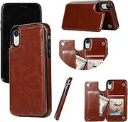 GoshukunTech Wallet Case for iPhone XR [Double Magnetic Clasp Durable Shockproof Cover] with Card Holders PU Leather Kickstand Card Slots for iPhone XR-Brown