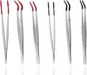 Yakamoz 6 Pcs Tweezers Set With Rubber and PVC Coated Tips - Wide Flat, Large Curved, Small Curved for Lab, Industrial, Jewelry, Craft Tool