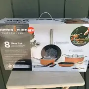 8 Pc Set Copper Chef Black Diamond 8” 10” 4.5q 2.0q Stainless Pans W/Glass Lid