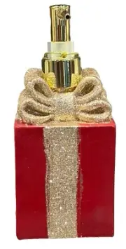 Maison De Base Christmas Present Gift Soap Dispenser Red Gold Glitter W/Soap 8”