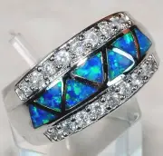 Australian Opal Inlay & White Topaz 925 Sterling Silver Ring Jewelry Sz 7