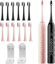 Electric Toothbrush for Kids with Toothbrush Holders，2 Pack Sonic Toothbrush with 10 Heads, 6 Modes, IPX7 Waterproof, Smart Timer, 2 Hours Charge for 60 Days (Pink & Black)