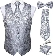 [DiBanGu] Men's Paisley Suit Vest and Tie Set 6PCS Pre-tied Bow Tie Formal Waistcoat for Tuxedo