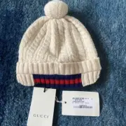 GUCCI Baby Pom Pom Beanie 100% Wool White Rib Trim Sherry Line Size: L/50/6.3in.