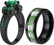 [Ringcrown] Couple Rings Matching Ring Skull Rings Green CZ Womens Wedding Ring Sets for Him and Her Wedding Bands
