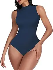 [KIKIMINK] Bodysuit Shapewear for Women Tummy Control Mock Turtle Neck Sleeveless Ribbed Zipper Body Shaper Tank Top Thong