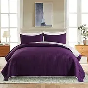 MERRY HOME Queen Quilt Set, 3-Piece Reversible Bedspread Coverlet Set - Soft and Lightweight Bed Quilt with Pillow Shams for All Season (Reversible-PlumPurple/Silvergray, Full/Queen(88"x92"))