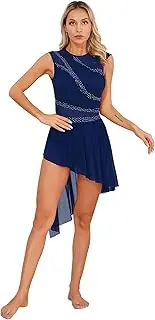 [TiaoBug] Figure Skating Dress for Women Rhinestone Sleeveless Rhythmic Gymnastics Costume Asymmetrical Lyrical Dance Dress