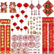 67PCS Chinese New Year Decoration, 2023 Lunar New Year Decor Red Paper Lanterns Felt Lucky Hanging Ornaments Chinese Fu Character Window Decor Chinese Couplets for Spring Festival Party Décor
