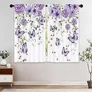 Laifzere Purple Floral Butterfly Curtains, Rustic Flower Window Curtains 42x45 Inch for Bedroom Living Room Decor, Daisy Farmhouse Spring Plant Botanical Window Drapes Treatment Draperies Fabric