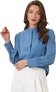 [Allegra K] Women's Work Office Stand Collar Button Down Long Sleeve Shirts Blouse