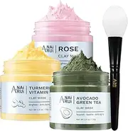 ANAI RUI Turmeric Vitamin C -Rose Facial Mask -Avocado Green Tea Mud Mask,Facial Mask Skincare for Deep Cleansing,Purify Pores, SPA Mask Set 2.5 oz each