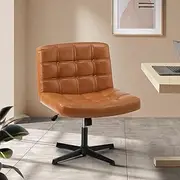 [OIKITURE] Cross Legged Chair with Wide Backrest Office Chair Pu Leather Criss Chair Brown