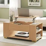 [Lamtor] Fluted Lift Top Coffee Table - Wooden Coffee Table with Hidden Compartment and Adjustable Storage Shelf, 39" Mid Century Modern Center Table for Living Room, Office, Oak