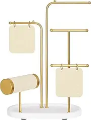SONGMICS Metal Jewellery Holder Display Stand 2 Plates Stud Earrings 6 Hanging Rods for Necklaces, Earrings and Bracelets, Rings, Metallic Gold JJS025A01