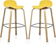Costway Set of 2 Bar Stools, 30 Inch Minimalist Style Bar Stool W/Footrest, Low Backrest & Solid Wood Legs, Counter Height Bar Stools for Kitchen, Dining Room, Living Room (Yellow)