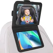 Baby Car Mirror with Tablet Holder, Road Trip Essentials for Kids, Back Seat Mirror to See Rear Facing Infant, Adjustable Backseat Mirror and Ipad Case for Car Headrest