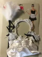 5pc French Maid Halloween Costume Kit Tiara Headpiece Apron Cuffs Feather Duster