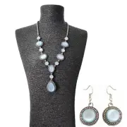 Blue Glass Gemstone Y-Drop Necklace on Hammered Silver Chain + Matching Earrings