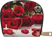 [JEJEA] Red Rose Floral Print Credit Card Holder Wallet, Small Card Holder Wallet with Zipper,Leather Card Holder, White, One Size
