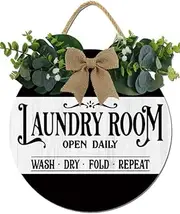 Hilonret The Laundry Room Open Daily Wash Dry Fold Repeat Decor,Laundry Accessories For Laundry Room,Rustic Round Wooden Sign,For Home, Office, Store Or Restaurant