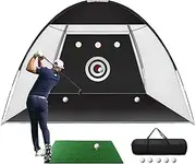 Golf Practice Net - 10x7ft Hitting Training Aid with Target, Carry Bag, 1 Mat, 5 Balls, 1 Tee - Men Kids Indoor Outdoor Sports Game