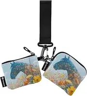 [XYMZR] Horse Field Flowers Mini Zip Around Wristlet keychain Wallet for Women Personalized Pattern Detachable Dual Pouch Wristlet Portable Wallet Phone Coin Purse, Multi-colored, One Size
