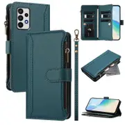 Foxdock Case for Samsung Galaxy A52S 5G Premium Leather Zipper Pocket Wallet Phone Case with 9 Card Slots and Detachable Wrist Strap Dark Green
