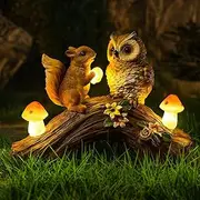 WONDHOME Solar Owl Garden Statues Outdoor Decor Resin Owl Squirrel Figurine with Mushroom Lights for Patio Lawn Yard Decorations Christmas Housewarming Gardening Gifts for Women Mom