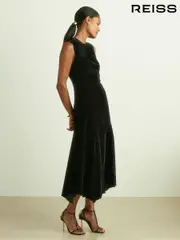 Reiss Black Blakely Velvet Shirred Panel Midi Dress (E52512) | $545