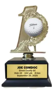 HOLE IN ONE GOLF BALL HOLDER TROPHY MEMENTO AWARD BLACK WOOD BASE PERSONALIZED