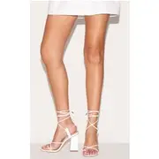 White Wide Fit Toe Loop Ankle Tie Chunky Block Heel Sandals, White