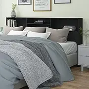 Wood Headboard Cabinet, Black, 220 cm, Wall Mounted Storage for Bedroom Furniture, Adjustable Bed Frame Accessory