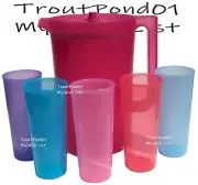 Tupperware Pitcher Gallon + 16 oz Set 5 Tumblers Push Button Seal Purple Pink Bl
