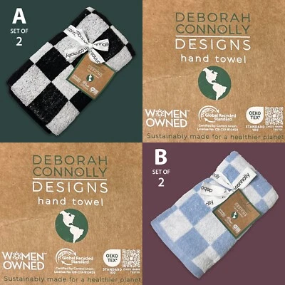SET OF 2 Deborah Connolly Black Blue White Checked Recycled Cotton Hand Towels