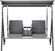 Gardeon Outdoor Swing Chair, 2 Seater Rattan Garden Bench Hanging Seat, Patio Baconly Furniture Chairs, with Cup Holder and Adjustable Canopy Cushions Stand Water Resistant 200kg Capacity Grey