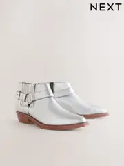 Metallic Silver Leather Forever Comfort® Harness Buckled Cowboy Ankle Boots (AU6161) | $122