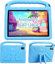 Android 14 Kids Tablet 10 inch,Tablet for Children with Family Link Parental Control,8GB+128GB up to 1TB, Octa-Core,WiFi 6,GMS,Tablets for Toddlers,Face ID,Shockproof EVA case (Blue)