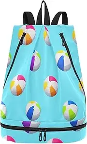 Yoogain Blue Beach Ball Summer Drawstring soccer bags beach drawstring backpack with Wet Dry Compartments, Blue Beach Ball Summer, 1 size