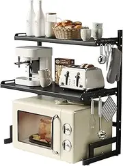 Expandable And Height Adjustable Microwave Oven Rack, 3-Tier Shelf Heavy Duty Stand Countertop Kitchen Utensils Tableware Storage,Seasoning/Toaster/Rice Cooker Rack with 6 Hooks (Black, 3 tiers)