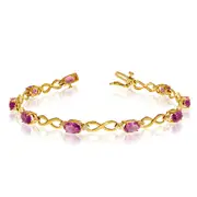 14K Yellow Gold Oval Pink Topaz Stones And Diamonds Infinity Tennis Bracelet, 7"