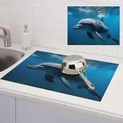 Dolphins in the Ocean Dish Drying Mats for Kitchen Counter, Absorbent Microfiber Kitchen Dishes Drainer Mat Large Dish Drying Pad with Hook Coffee Mat Kitchen Accessories 18x24 Inch